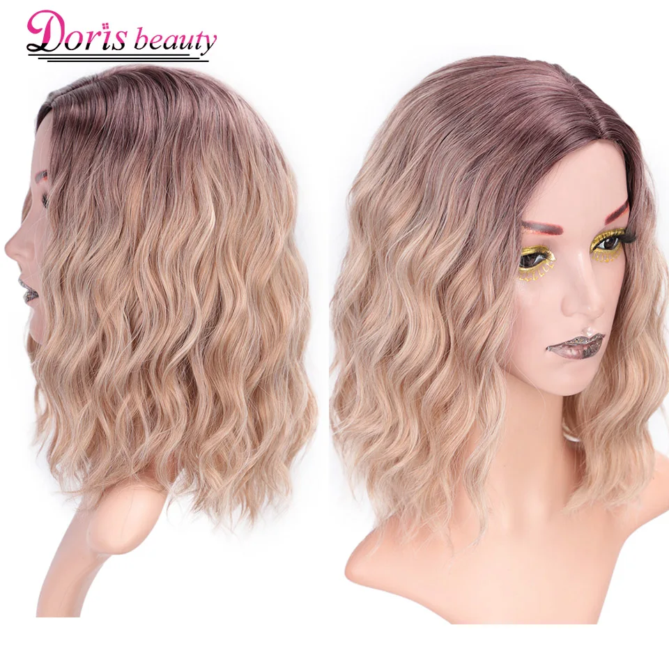 Doris BEAUTY Ombre Blonde короткий парик волна воды синтетические парики для женщин розовый фиолетовый серый красный черный косплей женские накладные волосы