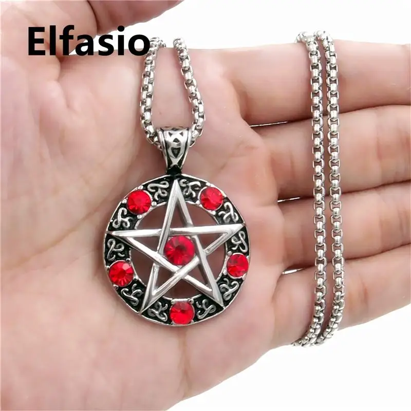 Elfasio Celtic Wicca Pentagram Star Men Women Stainless Steel Necklace Blue/Red/Black/White/Purple Amulet Pendant Chain 6