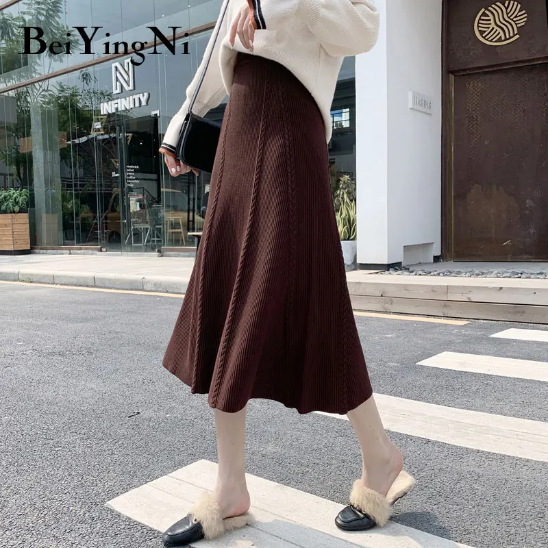 Beiyingni осень зима макси юбка Женская длинная высокая талия шикарная вязаная юбка женская модная эластичная Универсальная Ретро миди юбка - Цвет: Coffee