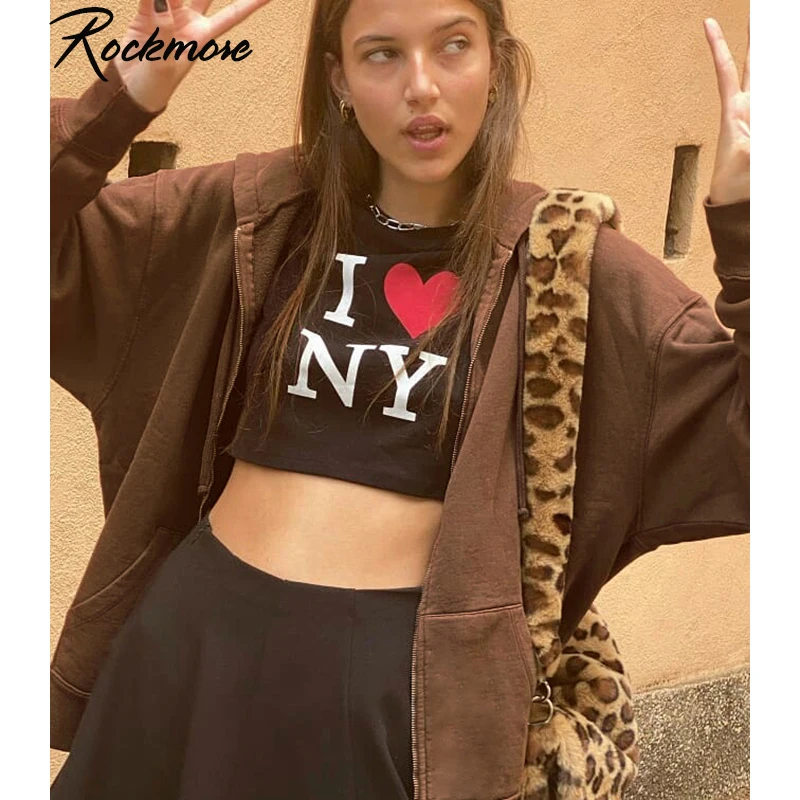 Rockmore коричневый большой толстовки для женщин Y2K Винтаж на молнии свободный