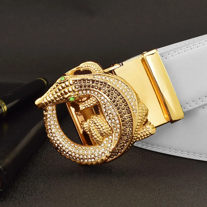 New Fashion Crocodile Pattern Belt Men's Luxury Metal Buckle Designer Men's White Belt High Quality Cinturon Dorado Brand