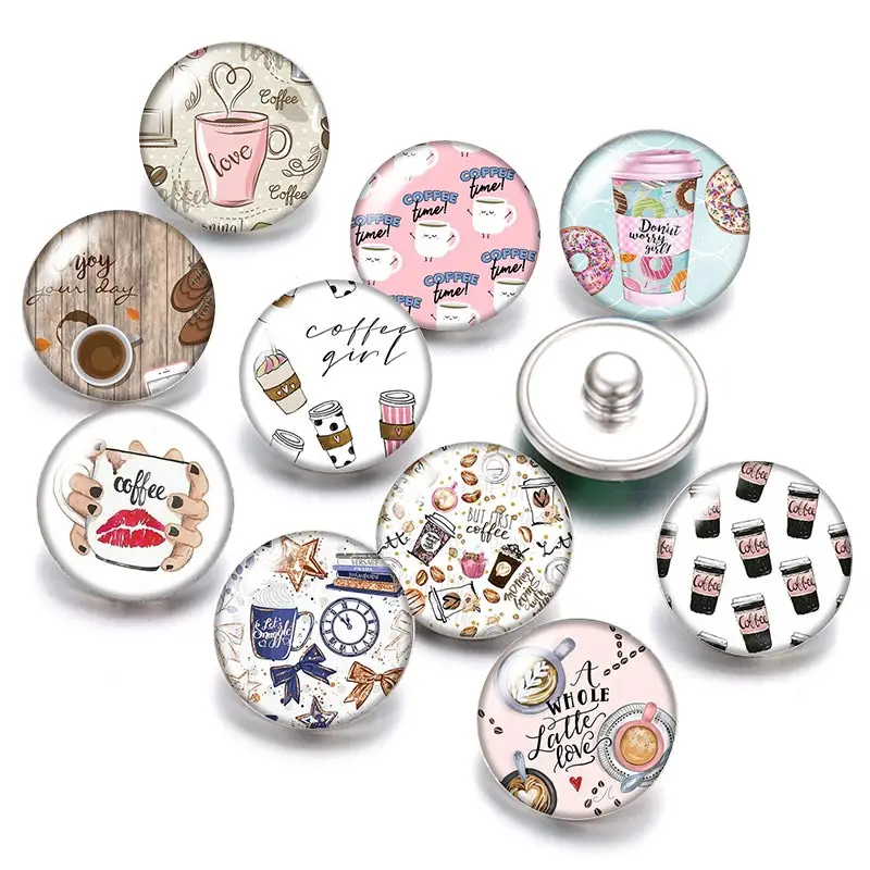 Coffee fruit Food cake Donut 18mm snap buttons 10pcs mixed round photo glass cabochon style for button jewelry | Украшения и
