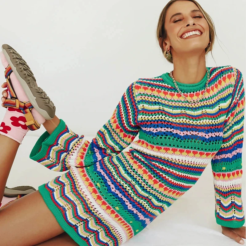 Rainbow Colors Crochet Sweater Dress