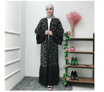 

2020 New Spring Black Eid Abaya Dubai Kaftan Kimono Cardigan Muslim Dress Women Dubai Turkish Islamic Sequins Clothing Vetement