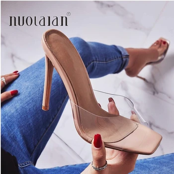 

2020 Summer Pumps Sexy PVC Slippers Sandals Shoes Women Thin High Heels Open Toe Sandal Lady Pump Shoes Mules Size 35-42