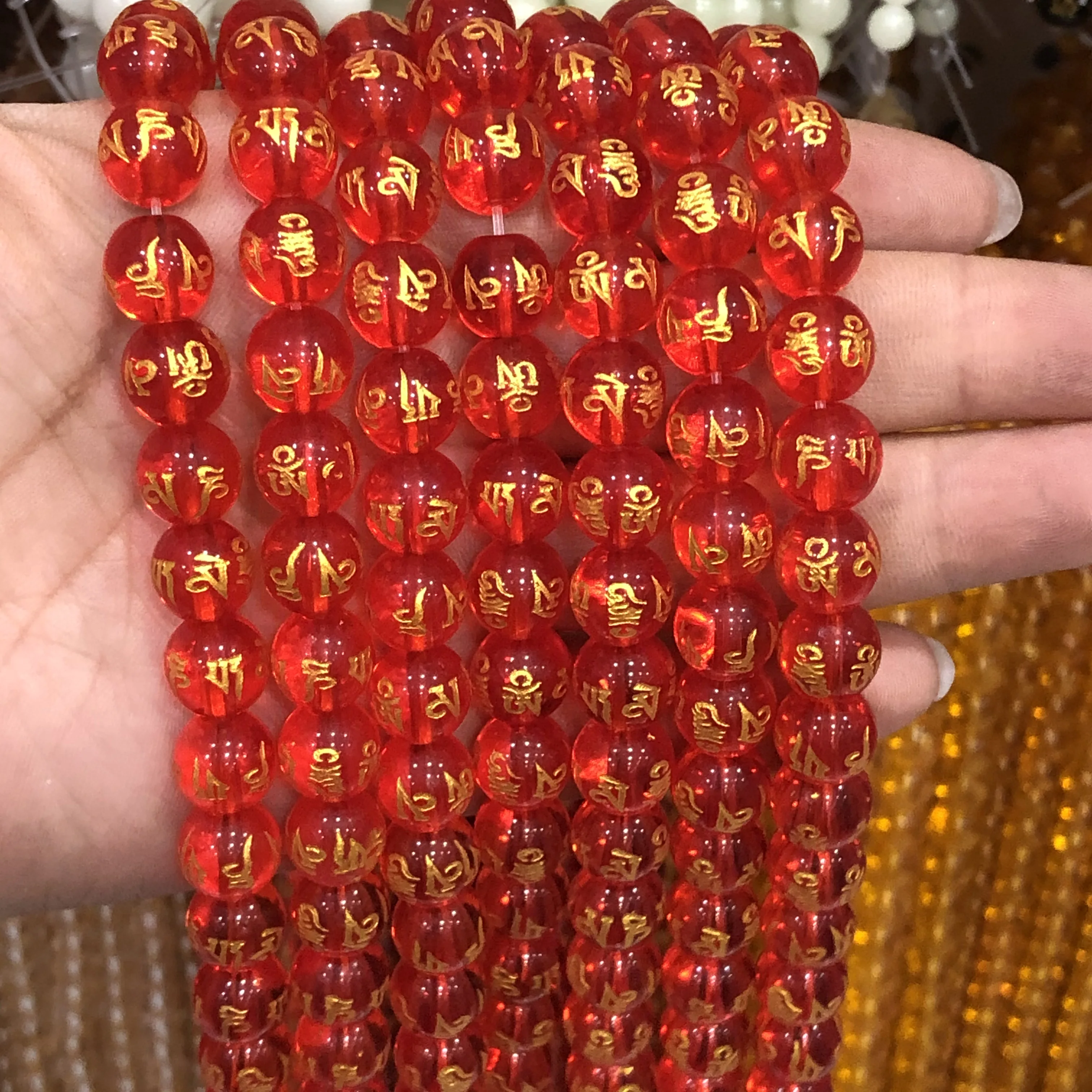 Yellow Six Word Mantra Prayer Buddha Bead Red Crystal Glass Lucky Amulet Round Spacer Beads DIY