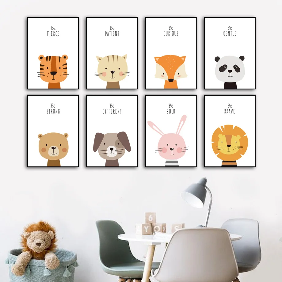 

Lion tiger Bear Rabbit Fox Cat Dog Quotes Wall Art Canvas Painting Nordic Posters And Prints Wall Pictures Baby Kids Room Decor