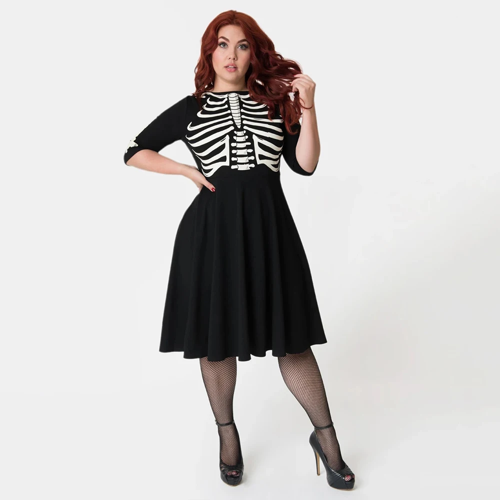 

Dress Women O Neck Half Sleeve Plus Size Floral Print Dress Halloween Women Autumn Natural Knee Length Dress Party Vestidos