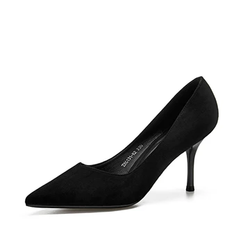 

Spring and autumn ladies high heel stiletto professional work shoes black 2019 new pointed suede dress single shoes