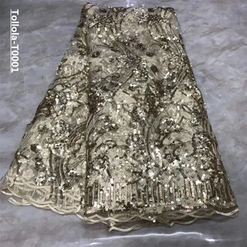 

Nigerian Lace Fabric 2019 High Quality Sequin Mesh Lace Fabric Champagne Embroidered Tulle African Sequins Lace Fabric