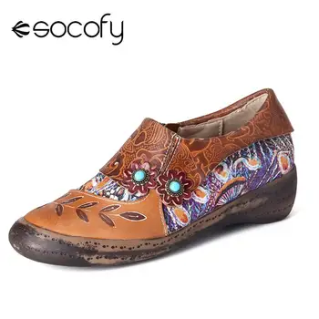 

SOCOFY Retro Florals Embossed Genuine Leather Zipper Slip On Casual Elegant Shoes Elegant Shoes Women Shoes Botas Mujer 2020