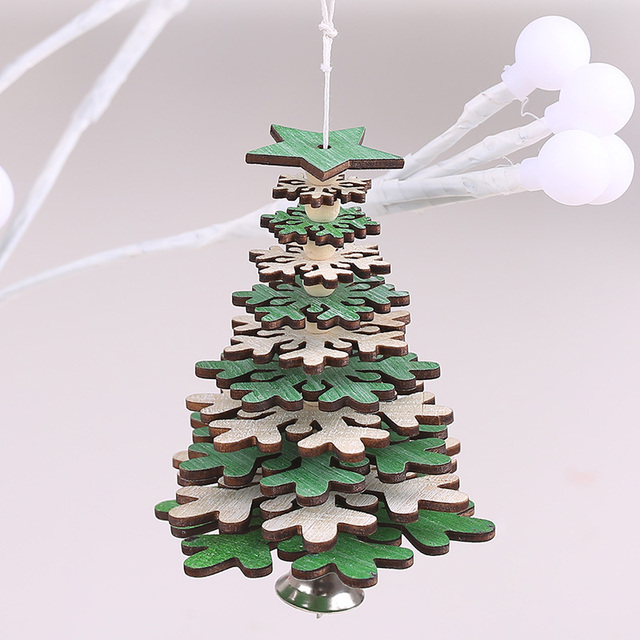 Wooden Christmas Tree Pendants Xmas Tree Hanging 3D Rotate  Snowflake Star Ornaments Small Bell Home Office Decoration Gift