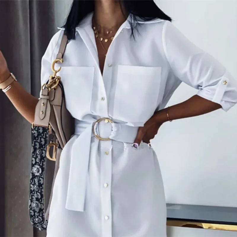 Women Vintage Front Pockets Sashes A-line Dress Three Quarter Sleeve Turn Down Collar Solid Elegant Dress 2020 Autumn Dress Women Vintage Front Pockets Sashes A-line Dress Three Quarter Sleeve Turn Down Collar Solid Elegant Dress 2020 Autumn Dress