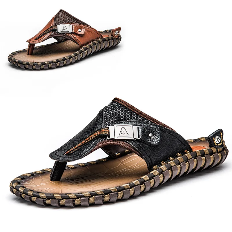 

38-48 Dock Layer Cowhide Handmade Men's Sandals Summer Beach Slippers Men's Large Size Flip-flops