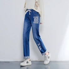 Милые джинсовые шаровары для девочек с вышивкой в виде котенка, Harajuku, женские джинсы с эластичным поясом средней посадки, хлопковые Широкие джинсовые штаны