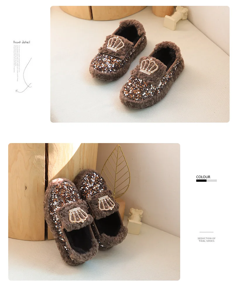 Winter girls doug shoes kids loafers children Princess shoes baby flat kids cotton fur shoes fashion glitter bow lacing