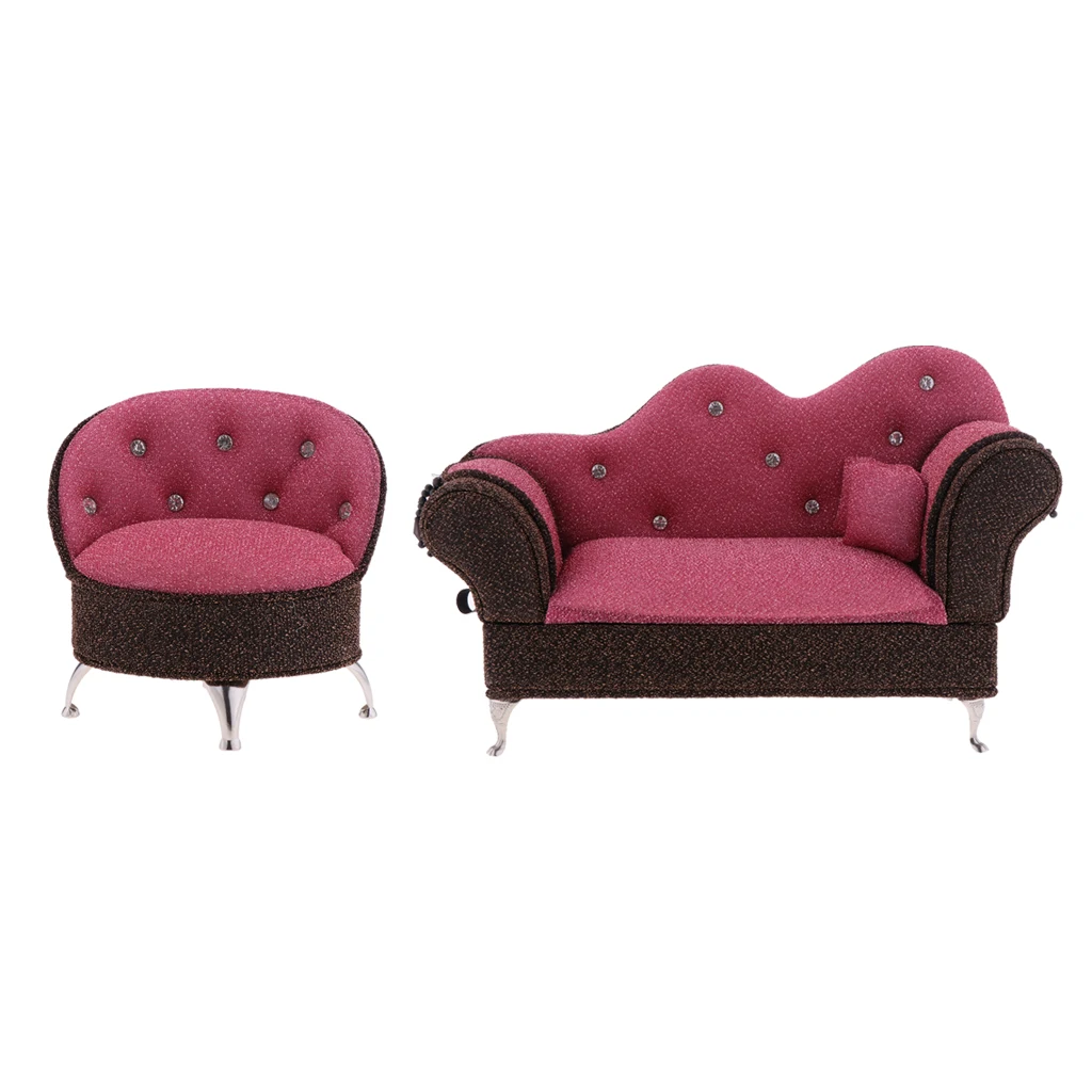 2pcs 1/6 Dollhouse Living Room Furniture Chaise & Single Sofa Set Jewelry Box Accessory