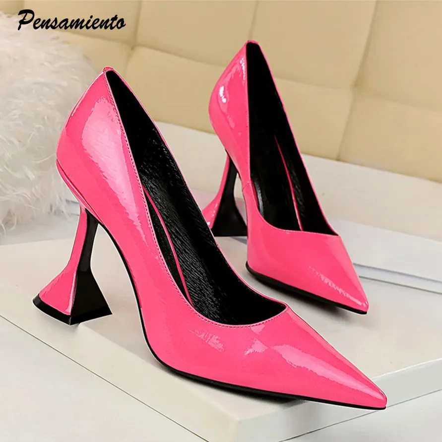 Fashion Patent leather Cup heeled Women Pumps Elegant pointed toe High