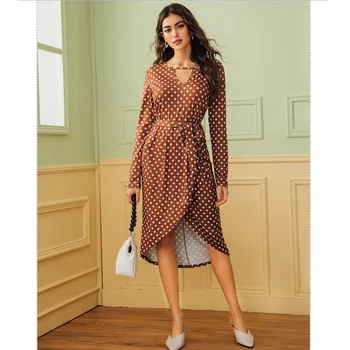 

2019 Elegant Autumn Womens Dress Long Sleeve V-Neck Polka Dot Dresses Fashion Slim Bow Irregular Evening Party Midi Dress Hot