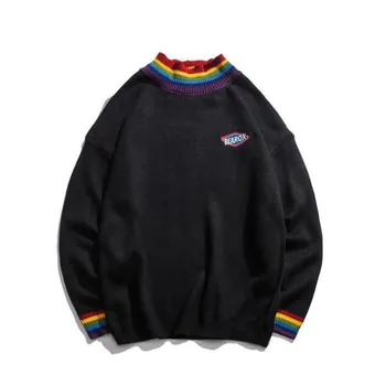 

NAGRI Rainbow Collar Pullover Men's Sweater 2019 Winter Loose Style Sweater for Men High Street Sweaters Black White M L XL
