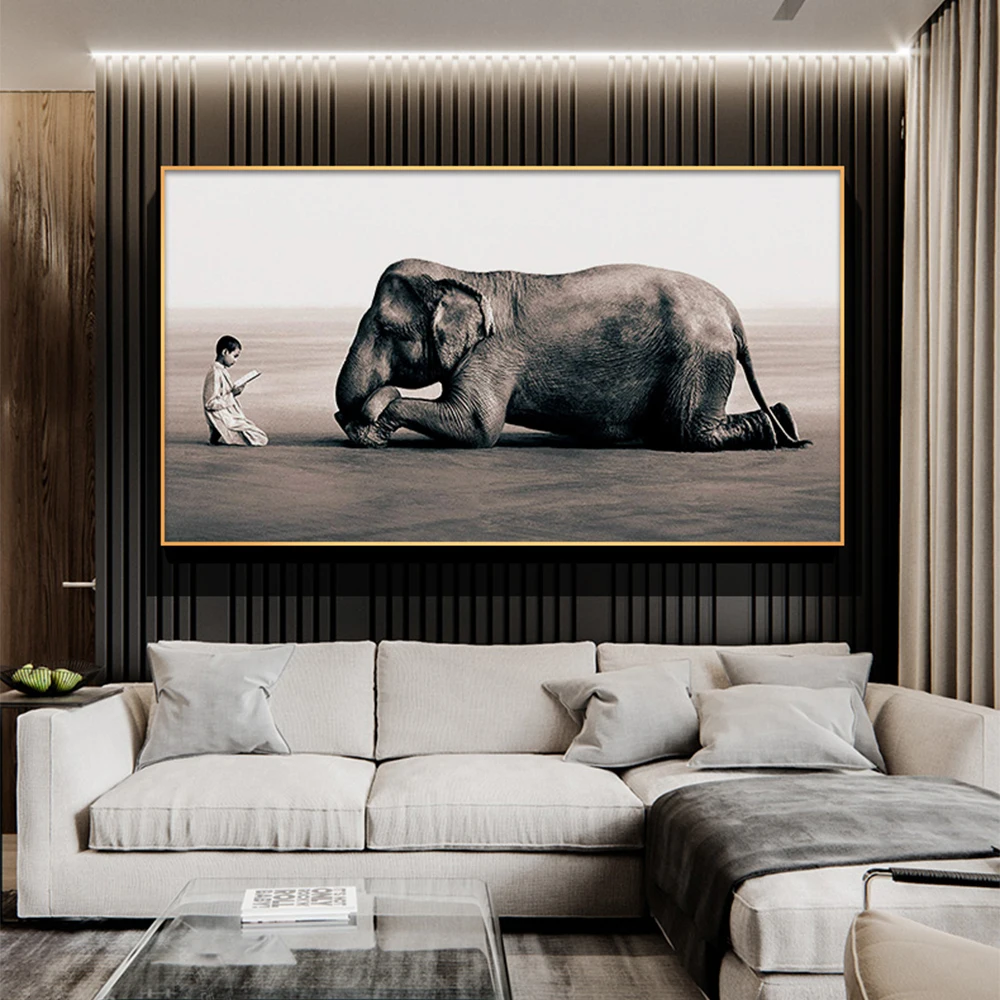 Большой Холст Живопись человек и слон настенные картины для гостиной дзен мастер арт ПЕЧАТЬ Плакаты