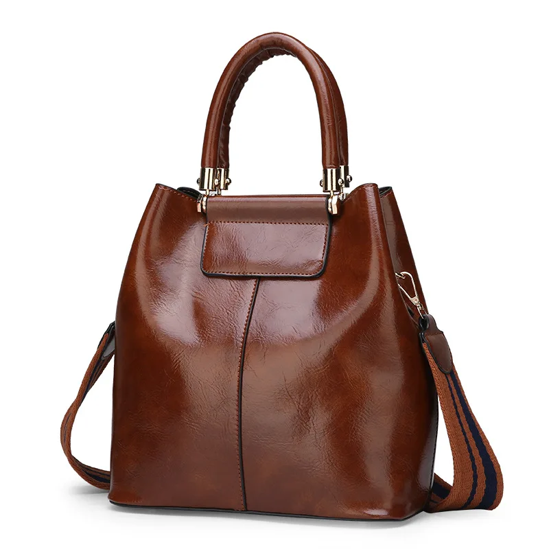 

WOMEN'S Bag 2019 New Style Oil Wax Leather Bucket Different Size Bags Europe And America Fashion Simple Versatile Shoulder Hand