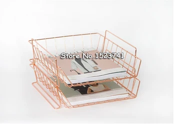 

2pcs/set Rose Gold Electroplated File Tray Desk Organizer Desktop Office Home Holder Book Stand Stackable basket storage rack