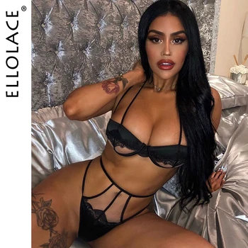 

Ellolace Erotic Lingeie Hollow Out Bra Set Women's Underwear Set Transparent Bra Push up Underwire Bra and Thong Sexy Lingerie