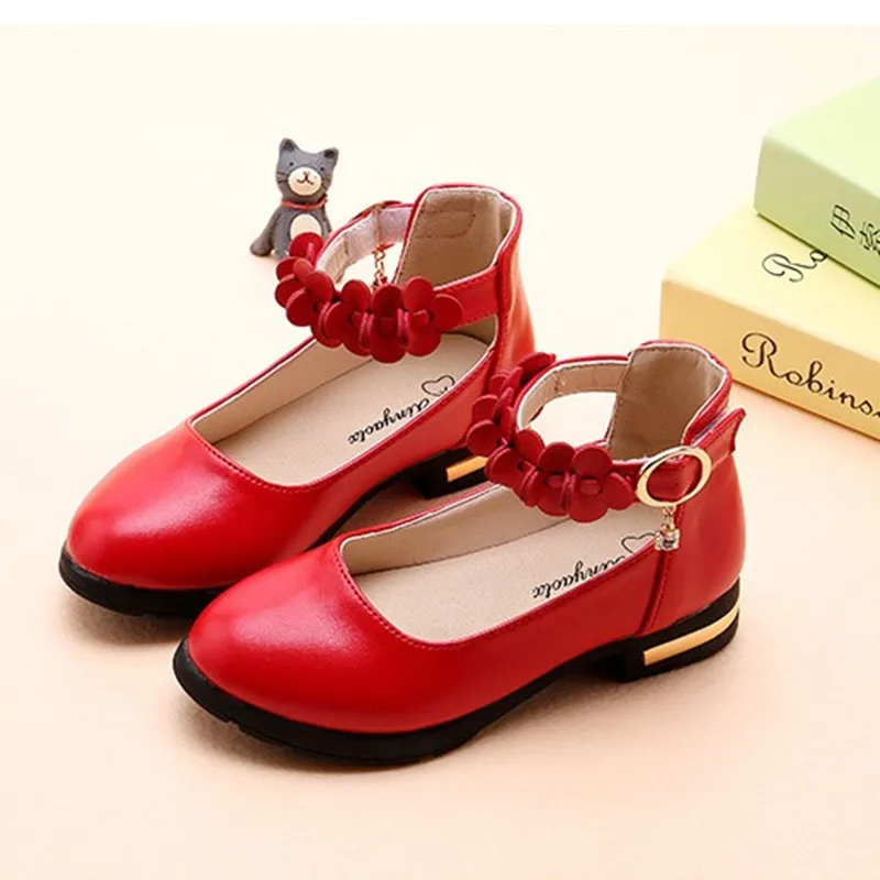 Red Black Big Girls Leather Shoes Kids Girls Rhinestone Princess Shoes