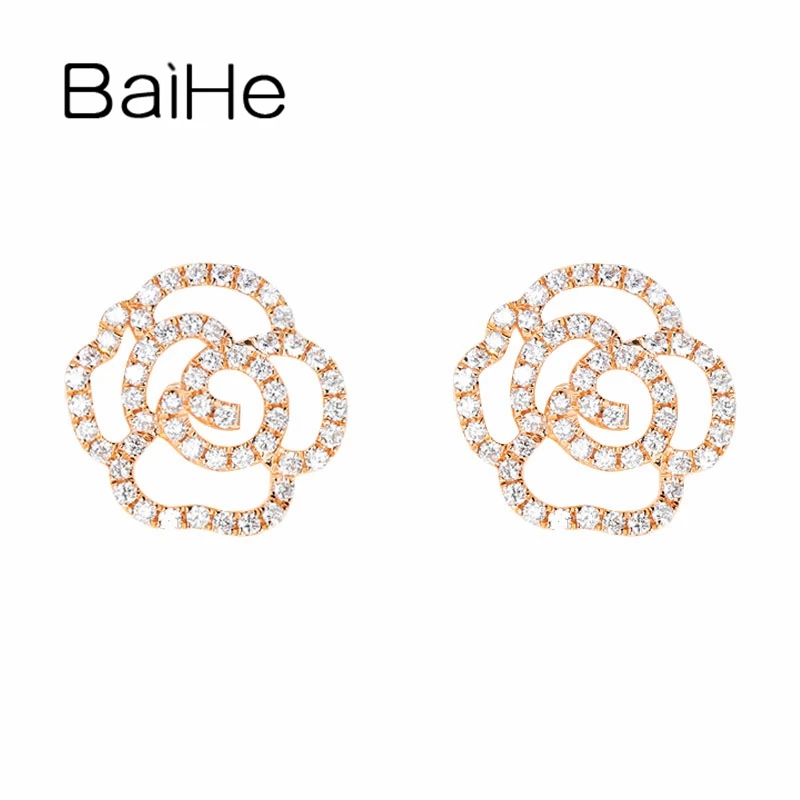 

BAIHE Genuine Solid 14K White/Yellow/Rose Gold Fine Jewelry H/SI Natural Diamonds Flower Stud Earrings Women Girl Wedding Gift