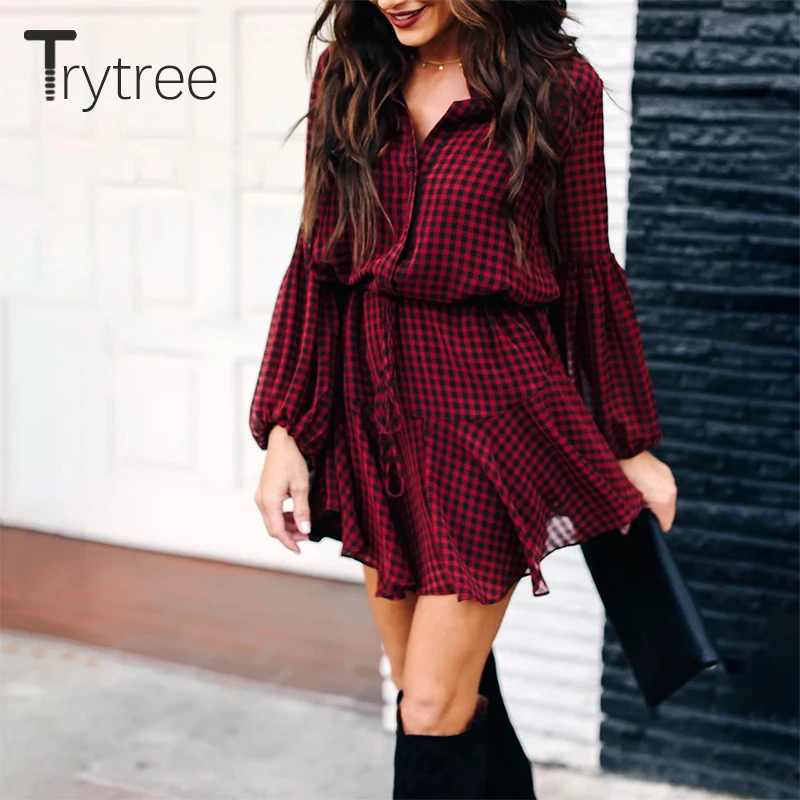 Trytree 2020 весеннее женское платье с отложным воротником рукавами-фонариками и