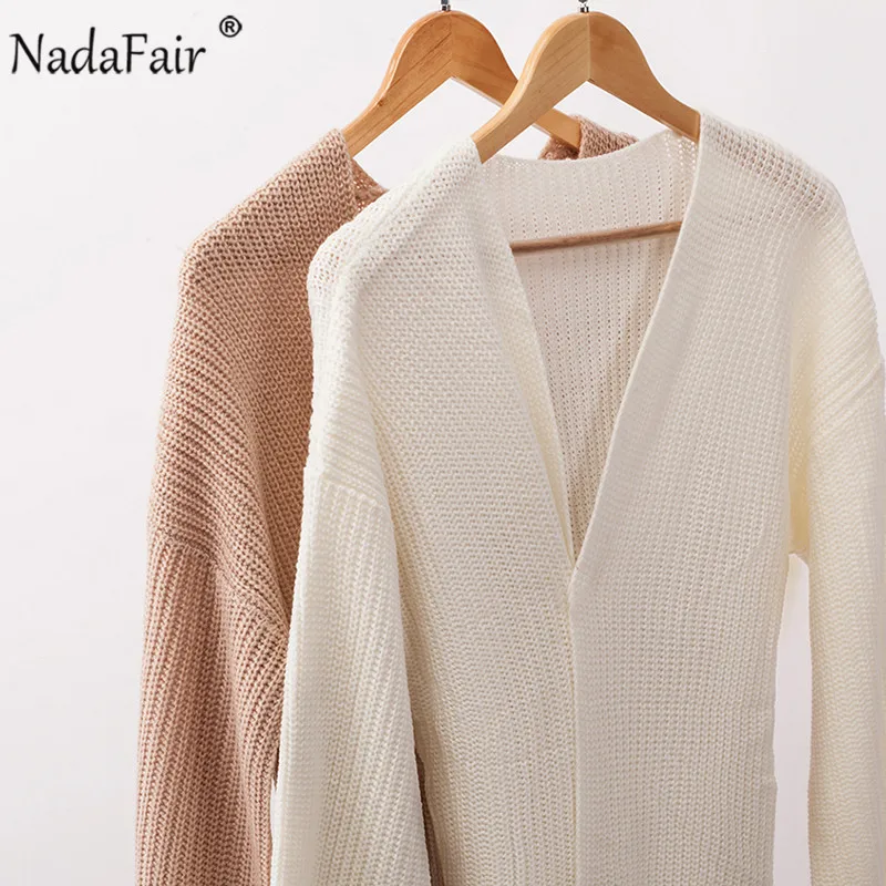 Nadafair, женский кардиган, Осень-зима, v-образный вырез, пояс, элегантный, однотонный, белый, хаки, большой размер, вязаный свитер для женщин