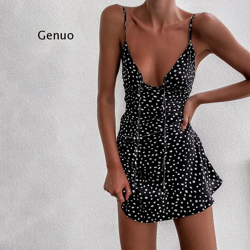 

Vintage Boho Polka Dot Dress Off Shoulder V Neck Black Elegant Party Strappy Zipper Backless Sexy Women Mini Sundress