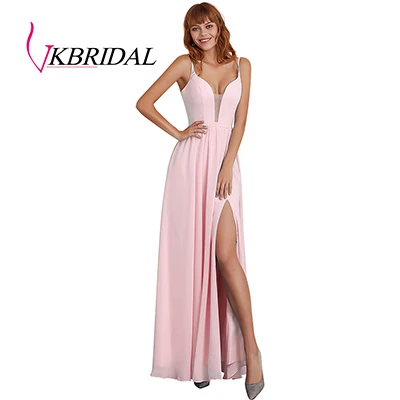 VKbridal High Slit Chiffon Bridesmaid Dresses Deep V-Neck A-line Wedding Guest Formal Wear Lace Up Bridal Wedding Party Dresses - Цвет: Розовый