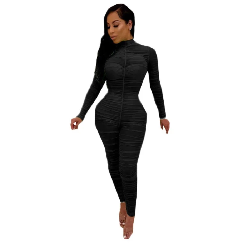 

Women skinny ruched jumpsuits full sleeve and full length catsuits autumn club party sexy jumpsuits 2