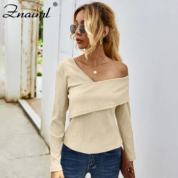 

Znaiml Lady Chic One Shoulder Long Sleeve Crop Top Fashion V Skew Collar Slim Blouse For Women Elegant Stripe Casual Autumn Top