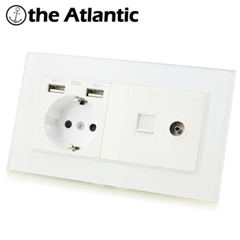 

Atlectric EU DE RU Plug Power Socket Dual USB Port RJ45 TV Port Wall Double Socket Electrical Outlet PC Panel 146mm*86mm