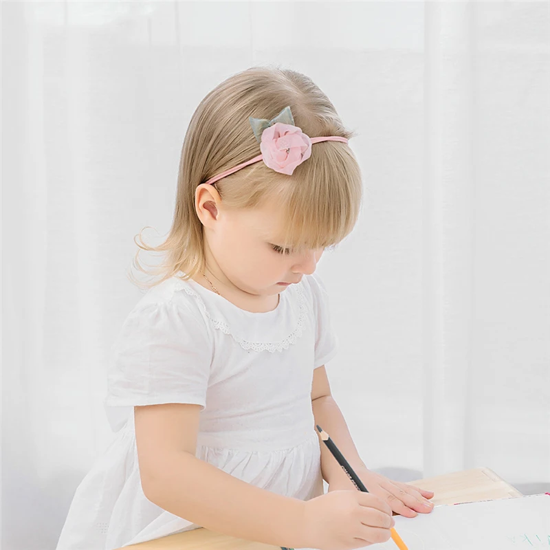 WARMOM DIY Handmade Elastic Hair Bands Gauze Lace Flowers Green Leaves Children Hairbands Gift Kids Hair Drcor Hair Accessories