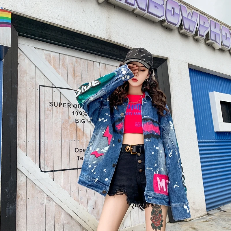 high quality fashion korea jacket denim coat women outwear long sleeve loose graffiti cartoon print jeans cowboy coat in winter