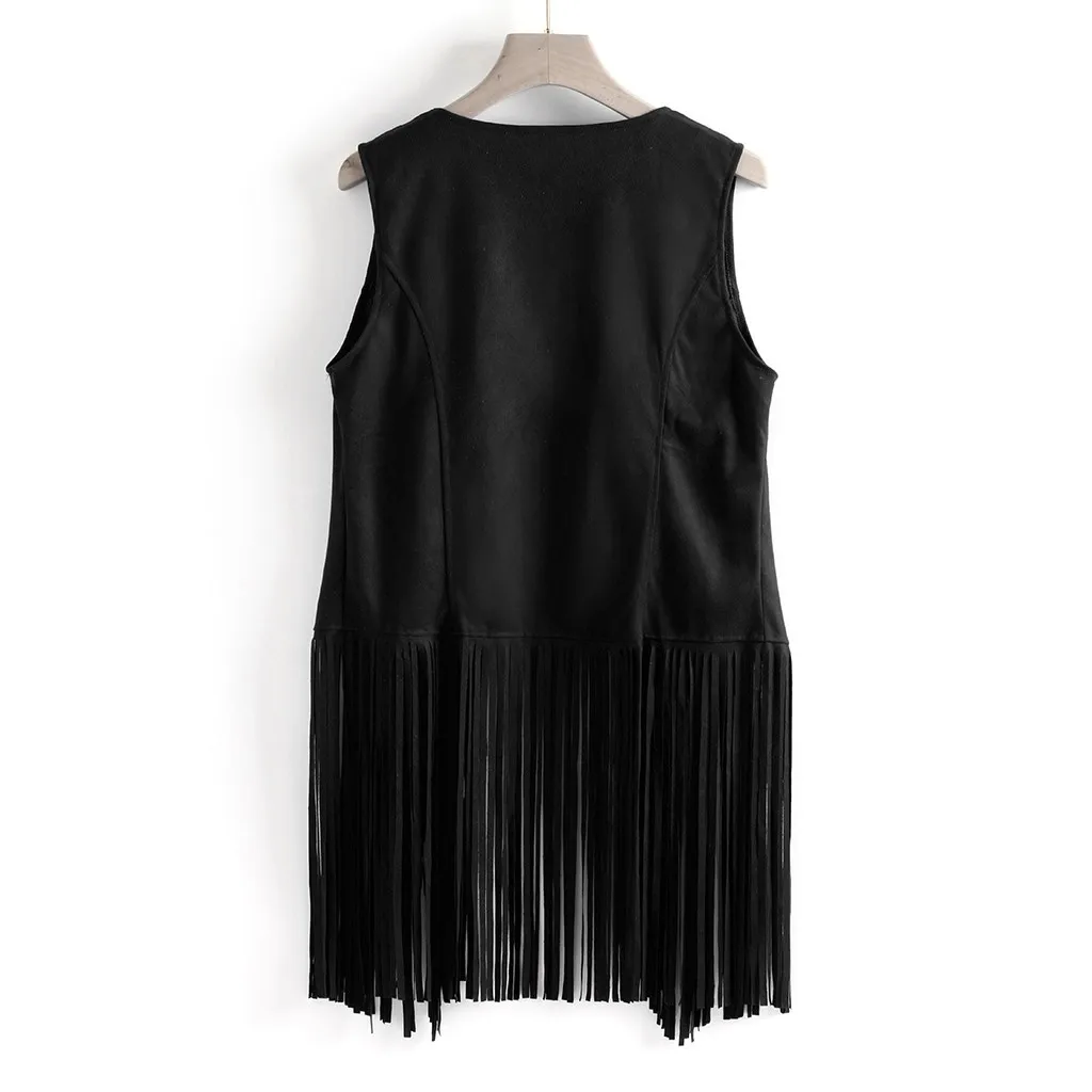 Women Autumn Winter Suede Ethnic Sleeveless Tassels Fringed Vest Cardigan