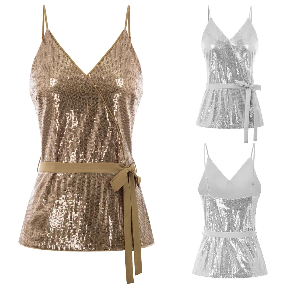 Женская расшитая блестками майка Camisole Cami, топы, сексуальные, модные, летние, женские, дамские, Спагетти ремни, v-образный вырез, пояс, украшенный, кроп-топы, клубная одежда