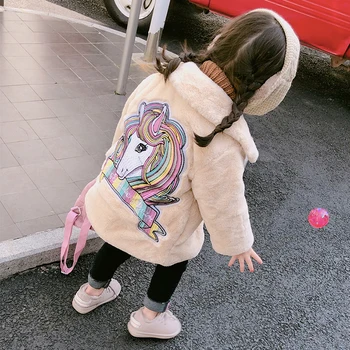 

Winter warm thick baby jacket girls jacket kids designer coat children outwear back embroidery horse faux fur 3 to 9 yrs