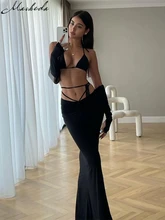 

Macheda Autumn Solid Sexy Two Pieces Set Women Slim Sleeveless Halter Crop Top And High Waist Lace Up Long Skirt Outfits Lady