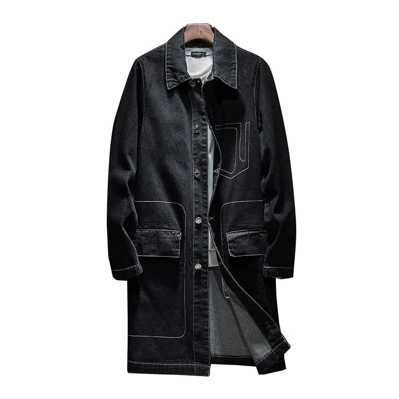 Men Long Denim Coat Vintage Black 