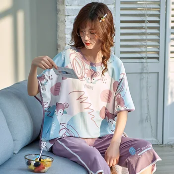 

New Style Summer Cotton Pajamas WOMEN'S Suit Short Sleeve Capri Pants Sweet Princess Style Home