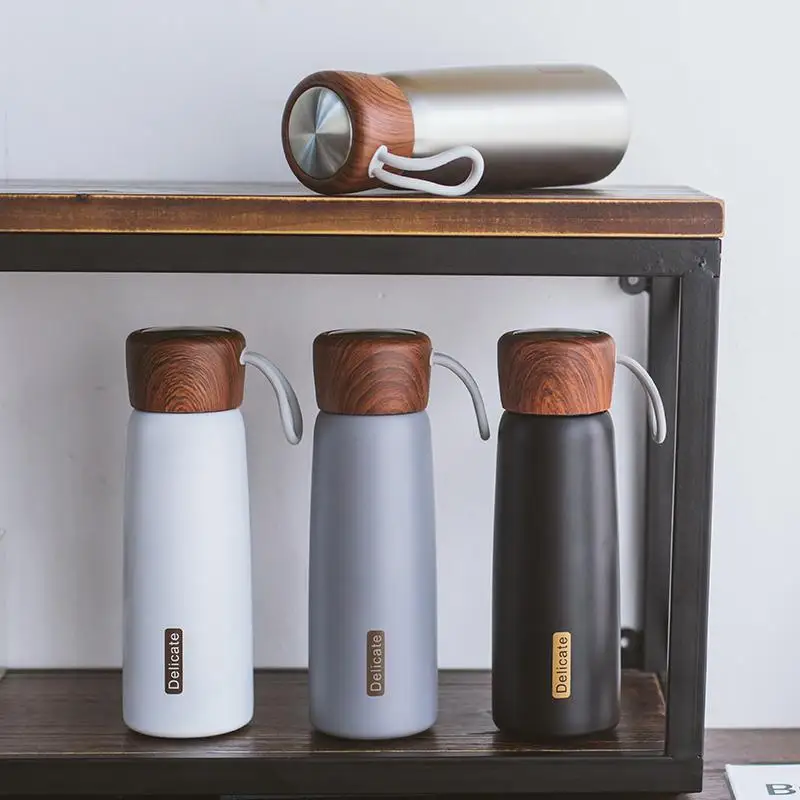 

Bpa-Free 500ml Outdoor Thermos Water Bottle 304 Stainless steel Milk&Tea Thermos cup With Portable Rope Wood Lid Vacuum Flask