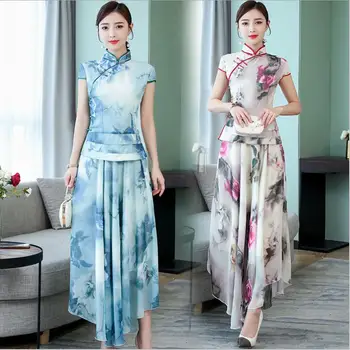 

Original Chinese improved Suits Jaket + Skirt display long cheongsam Costume slim retro fairy Clothing set graceful qipao