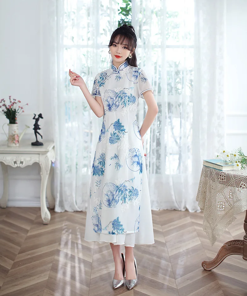 FZSLCYIYI Aodai китайский женский элегантный короткий рукав Qipao ручной работы на