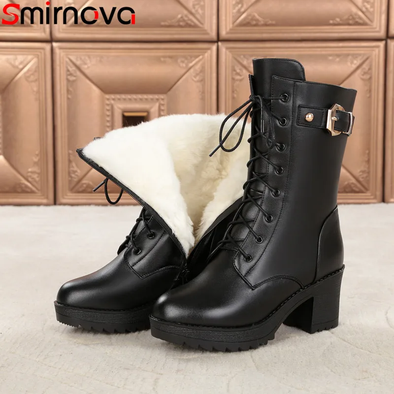 

Smirnova size 35-42 fashion genuine leather winter boots women zip square heels ankle boots platform keep warm wool snow boots