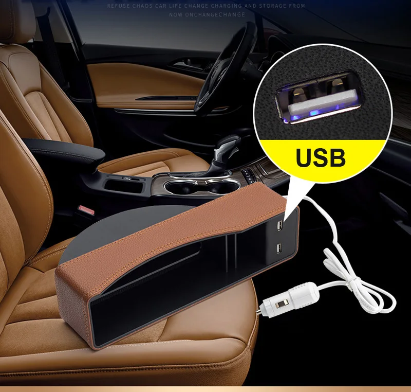 Щелевая коробка для хранения из искусственной кожи для автомобильных сидений, черный органайзер для автомобильных сидений между сиденьями с usb-зарядным портом